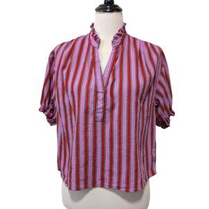 Xirena Womens Sz XS Red Purple Striped 100% Cotton Popover Short Sleeve Top Flaw